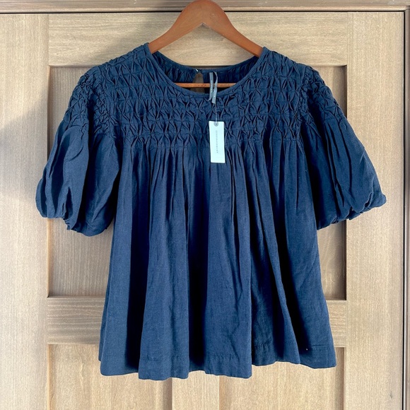 NWT Anthropologie The Liza Puff-Sleeve Smocked Linen Top - Picture 2 of 11